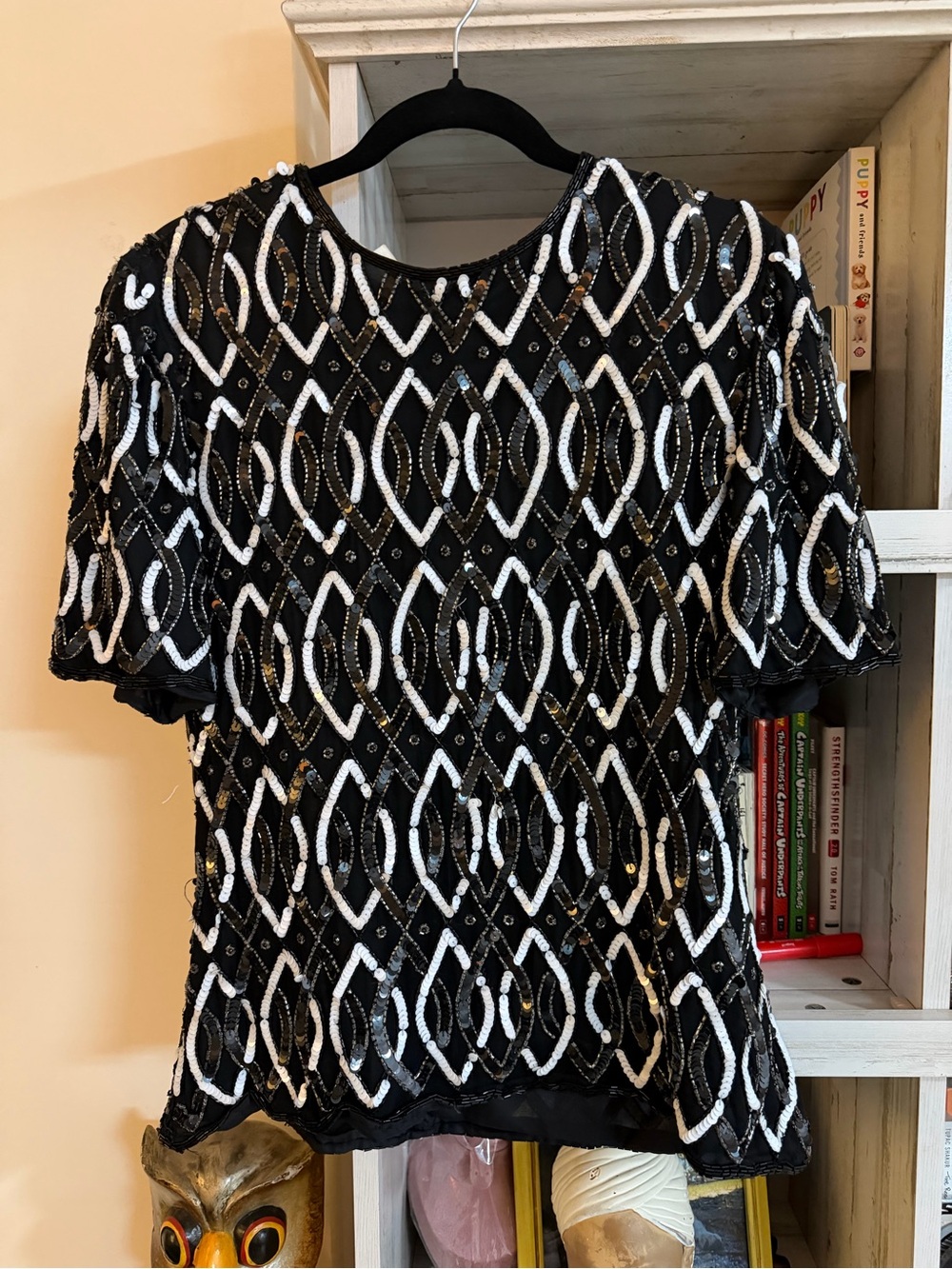 Stenay Black Sequin Short Sleeve Geometric Embellished Top vintage size M/L